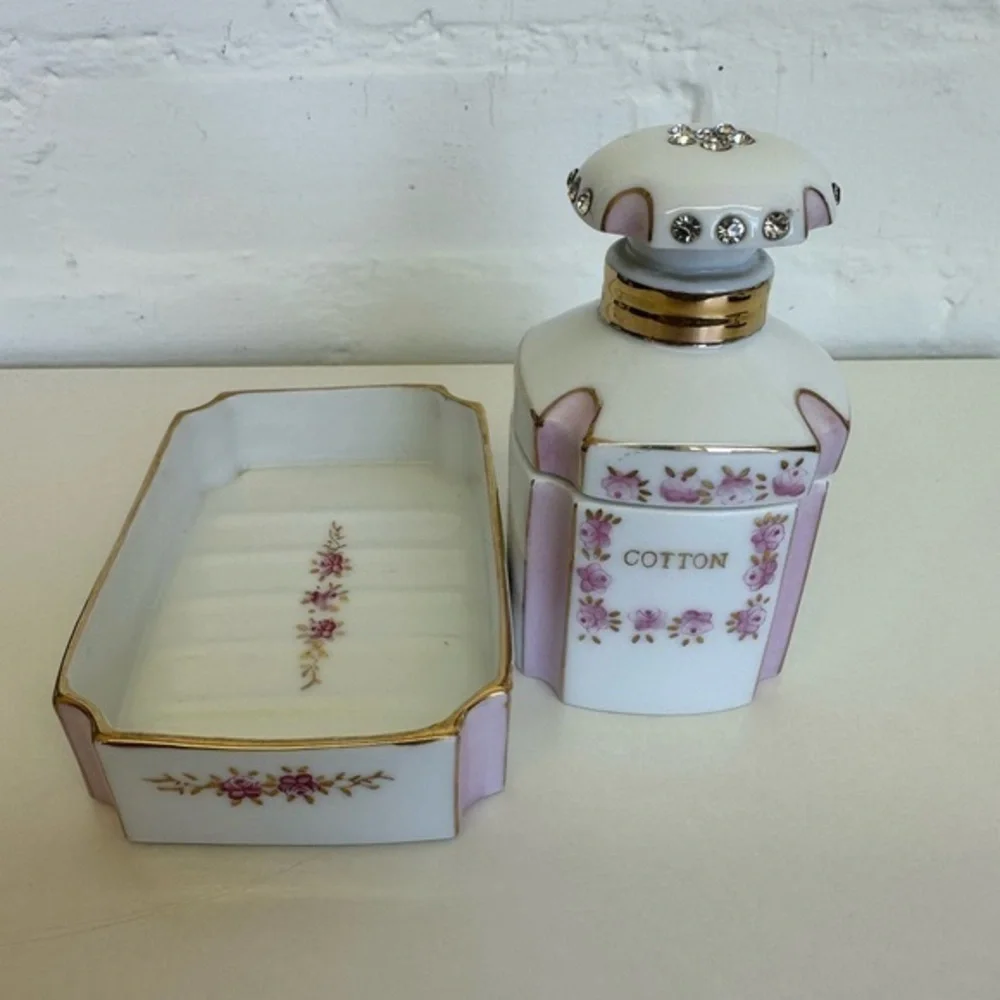 1956 Lefton Vanity Dresser Bottles & Soap Dish Hand Painted Rhinestones/Cork Set